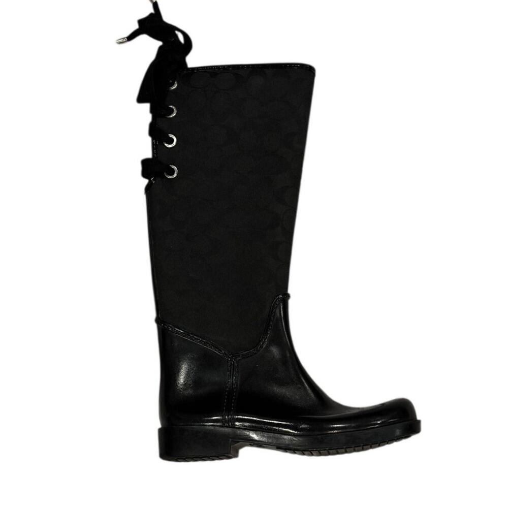 Coach Trista Tall Rain Boot Women's 7 Black Signature C Canvas Lace Up GUC